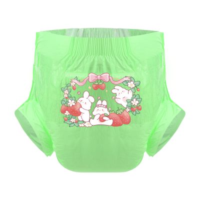 CutiePlusU Adult Diapers, 3 Count, Dry Surface, Maximum Overnight Absorbency, Strawberry Rabbit Green, L, 95–120 cm