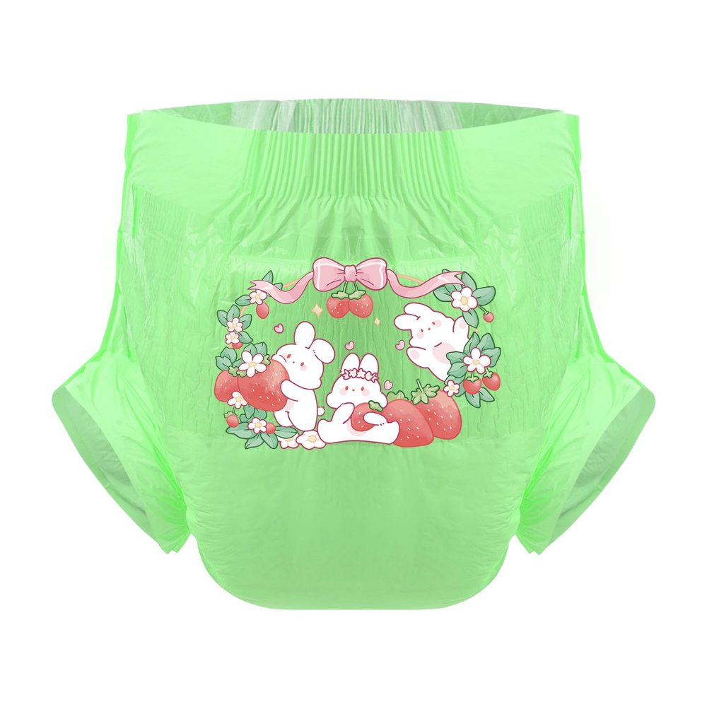 CutiePlusU Adult Diapers, 3 Count, Dry Surface, Maximum Overnight Absorbency, Strawberry Rabbit Green, L, 95–120 cm