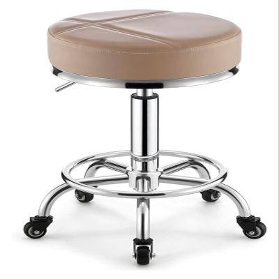 FXLUHAY Medical and Beauty Salon Stool with Footrest, Round Swivel Stool with Lift, Chrome 5-Caster Base, Height-Adjustable 41–56 cm, Beige