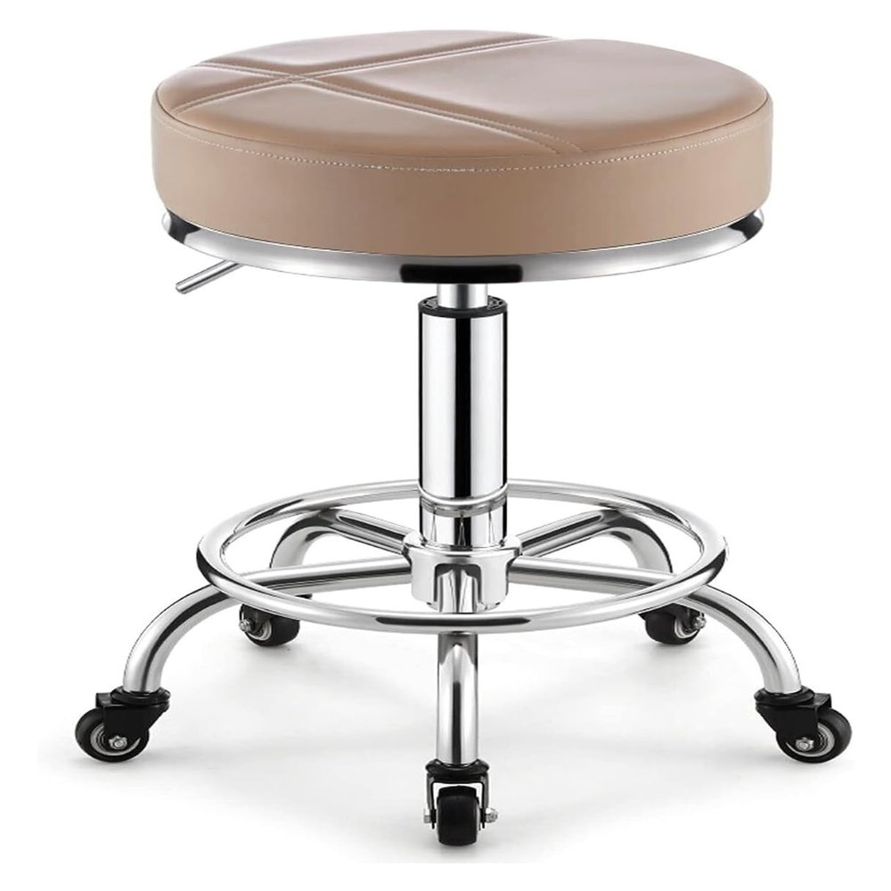 FXLUHAY Medical and Beauty Salon Stool with Footrest, Round Swivel Stool with Lift, Chrome 5-Caster Base, Height-Adjustable 41–56 cm, Beige