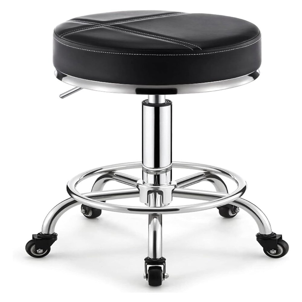 FXLUHAY Medical Beauty Salon Stool with Footrest, Round Swivel Stool with Lift Function, Chrome-Plated 5-Prong Casters, Height-Adjustable from 41 to 56 cm, Black