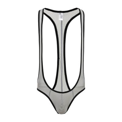 Men's Borat Mankini, Sexy Mesh Jockstrap Bodysuit, Gray, XXL