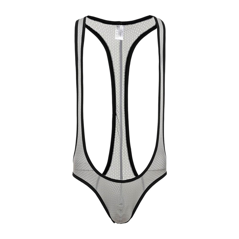 Men's Borat Mankini, Sexy Mesh Jockstrap Bodysuit, Gray, XXL