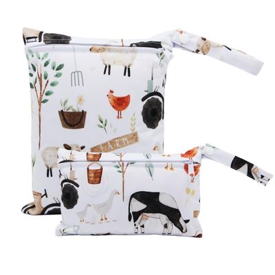 Treer Set of 2 Wet Bags for Cloth Diapers, Waterproof Reusable Diaper Bags with Zippers, Farm Pattern