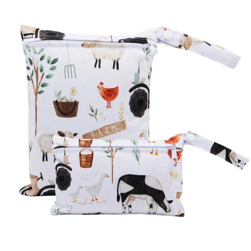 Treer Set of 2 Wet Bags for Cloth Diapers, Waterproof Reusable Diaper Bags with Zippers, Farm Pattern