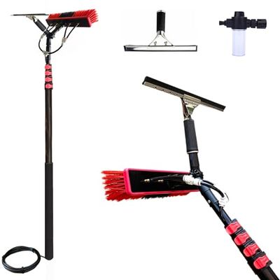 Glass Cleaning Brush with Telescopic Pole, Rotating Head, Squeegee, and Soap Dispenser for Solar Panels and Household Windows