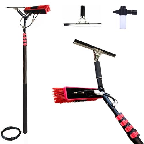 Glass Cleaning Brush with Telescopic Pole, Rotating Head, Squeegee, and Soap Dispenser for Solar Panels and Household Windows