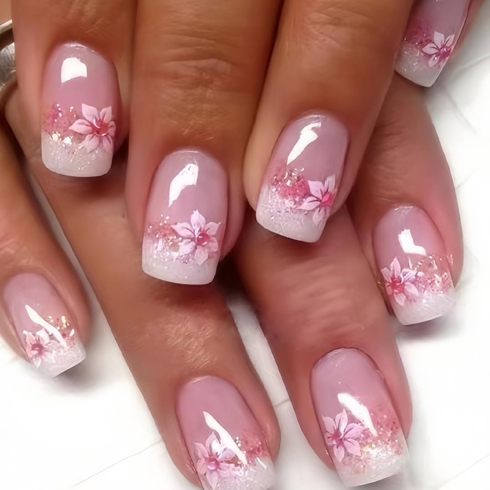 Viugex 24-Piece French Press-On Nails, Short Square, Pink Peach Blossom Design