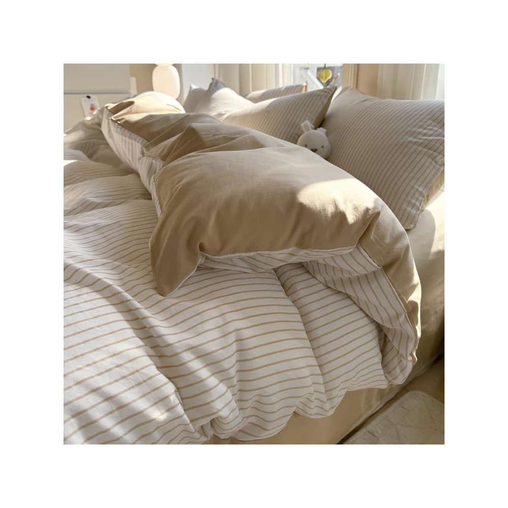 TRQQWEQQ 150/180 Cotton 4-Piece Bedding Set, Minimalist Striped Pattern, Camel, Queen/150 cm