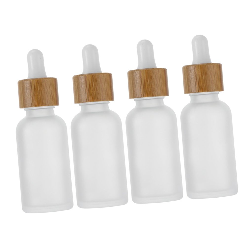 SOESFOUFU 4-Piece Glass Dropper Bottles with Bamboo Caps, Frosted Travel Bottles for Essential Oils