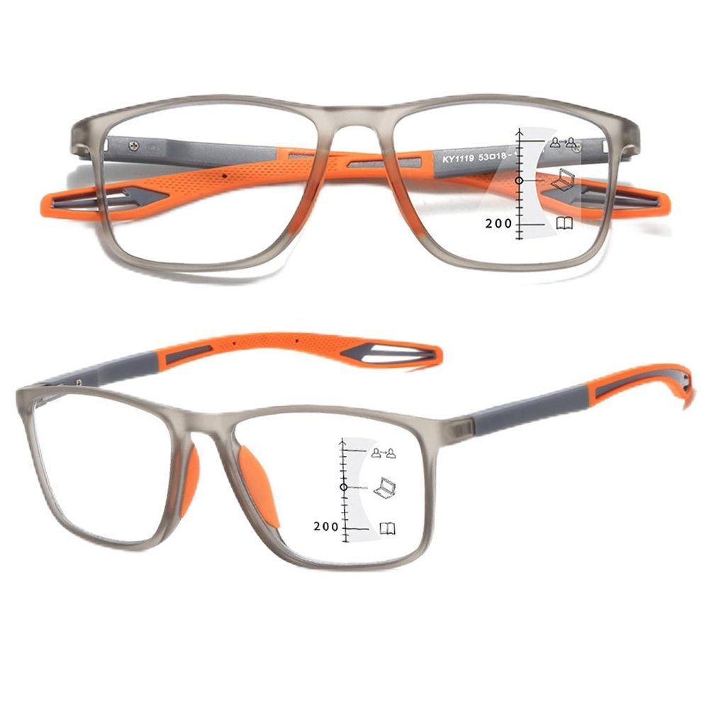 Self-Tinting Progressive Multifocal Reading Glasses, Blue-Light Filter, TR90, Gray/Orange, +2.0