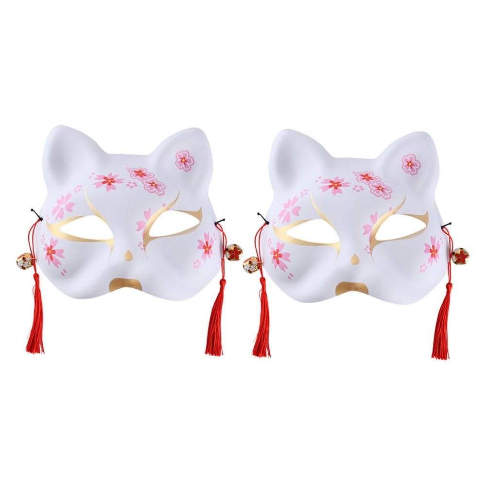 TOPPERFUN 2-Pack Japanese Fox Half-Face Masks, Hand-Painted Cat and Cherry Blossom Design