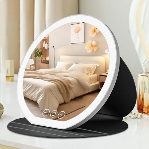 Folding Makeup Mirror with LED Lights, PU Leather, USB, Black