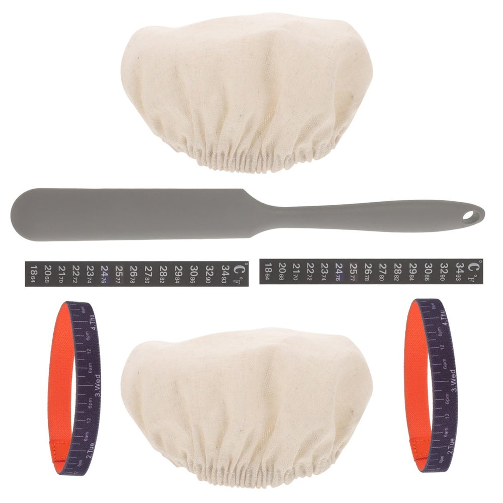 Mikinona Sourdough Starter Accessory Set with Fabric Covers, Date Bands, Thermometer, Stickers, and Spatula for Glass Jars