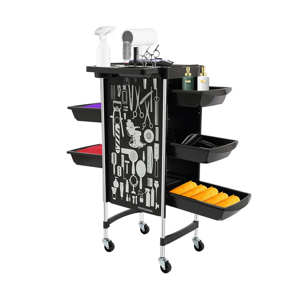 HUOMMGS 6-Tier Salon Trolley with 5 Drawers, 4 Wheels, 80 kg Capacity, Black