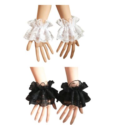 Easy-Care Stretch Lace Wrist Cuffs, Soft and Lightweight, White/Black