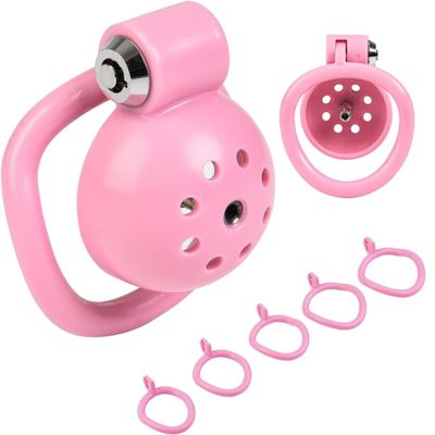 Men's Flat Pink Chastity Cage with Urethral Plug and 5 Rings