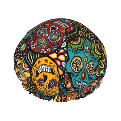 Sugar and Skulls Print Lightweight, Elastic, Waterproof Double-Layer Shower Cap
