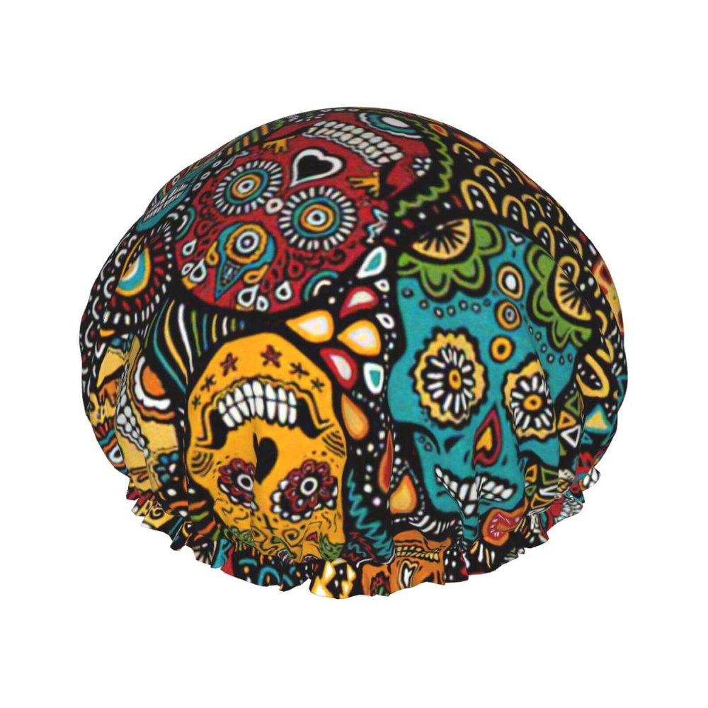 Sugar and Skulls Print Lightweight, Elastic, Waterproof Double-Layer Shower Cap