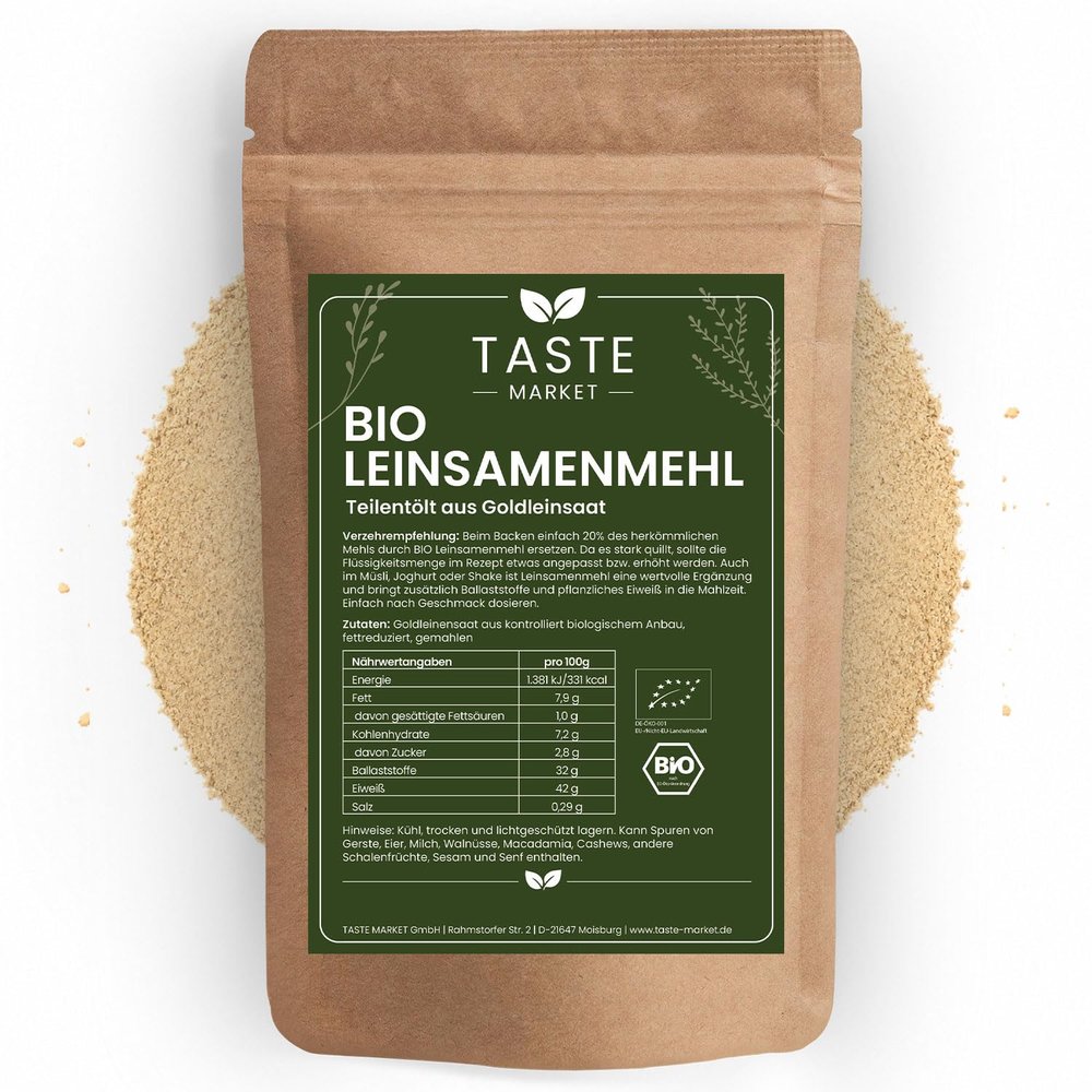 Organic Flaxseed Flour 1 kg, Partially Defatted Golden Flaxseed, Cold-Pressed, High-Fiber Flour Alternative