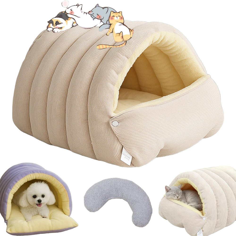 Cozy Monster Cat Bed with Removable, Washable Cushion, Beige, M