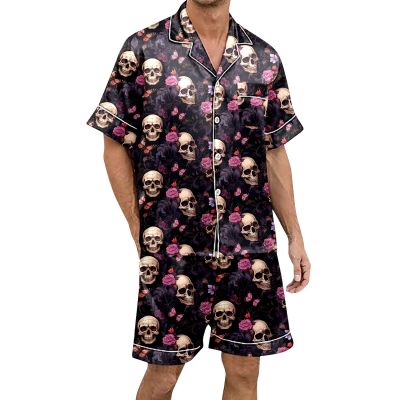 Halloween Men's Short Pajama Set with Skull and Rose Print