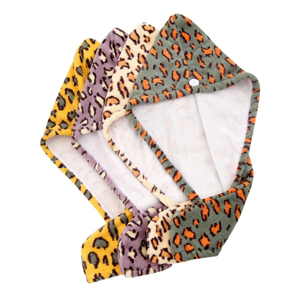 Microfiber Coral Fleece Hair-Drying Caps, Button Closure, 4-Pack