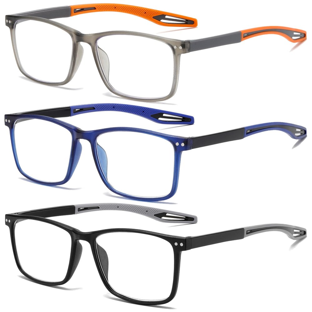 Fsread 3-Pack Men's Reading Glasses, Sporty Blue-Light-Blocking Square Frames, +1.25