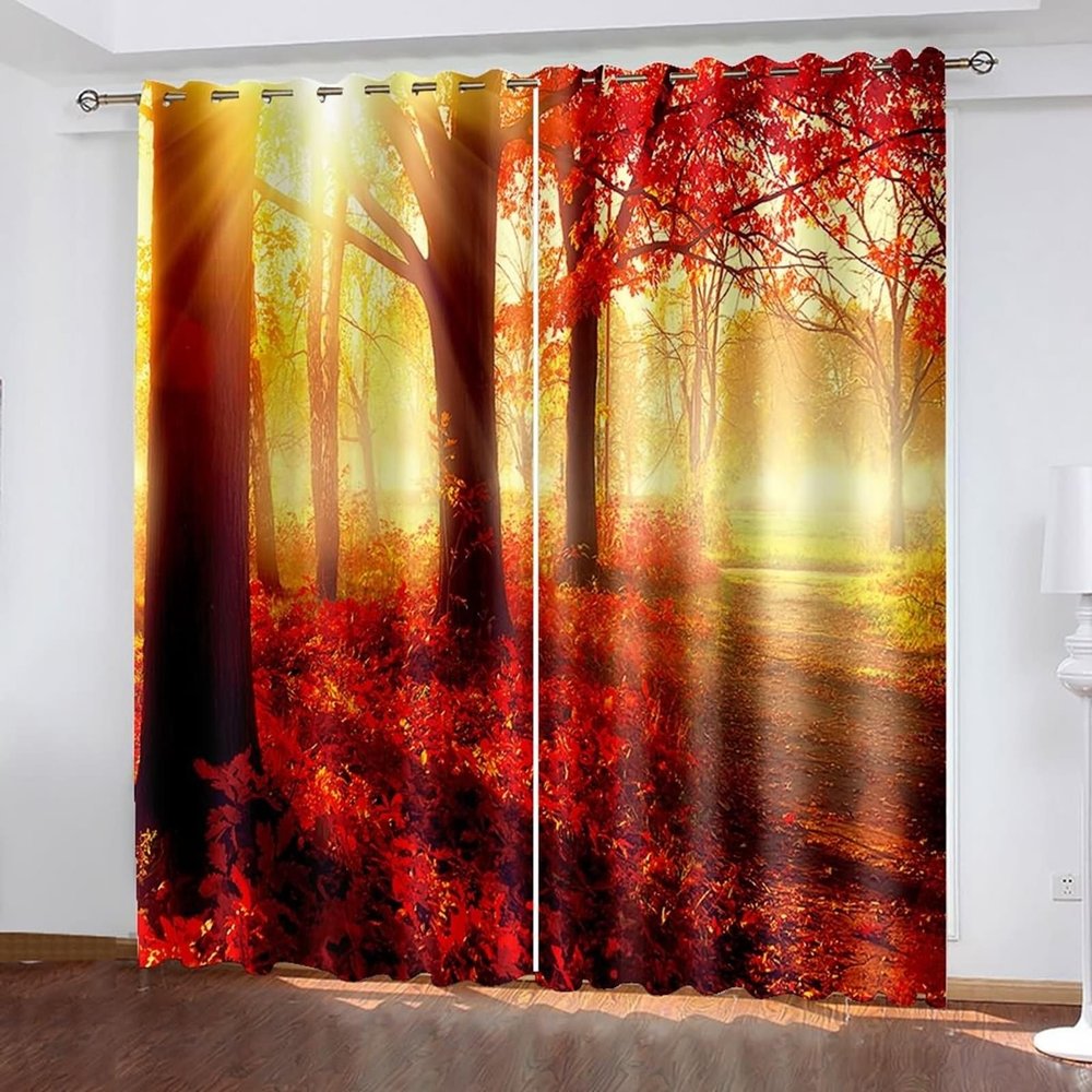 Wycian Window Decoration Curtains, Red and Yellow, 2-Piece Polyester Autumn Landscape, H229 x W96 cm, for Bedroom