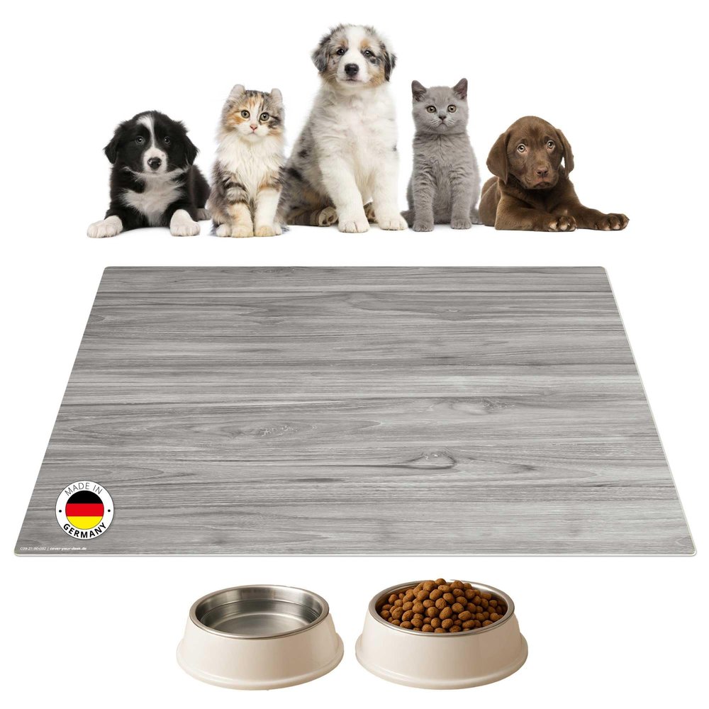 Bowl Mat | Feeding Mat for Dogs and Cats, Gray Wood Grain Premium Vinyl, 44 x 32 cm, Non-Slip, Washable, Tear-Resistant, Made in Germany