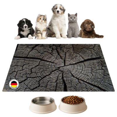 Bowl Mat for Dogs & Cats, Tree-Stump Wood Texture, Premium Vinyl, 44 x 32 cm – Non-Slip, Washable, Tear-Resistant, Made in Germany