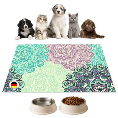 Dog & Cat Bowl Mat, Mandala Green-Turquoise, Premium Vinyl, 44 x 32 cm