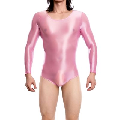 Men's Shiny Thong Bodysuit, Long-Sleeve Stretch Wet-Look One-Piece