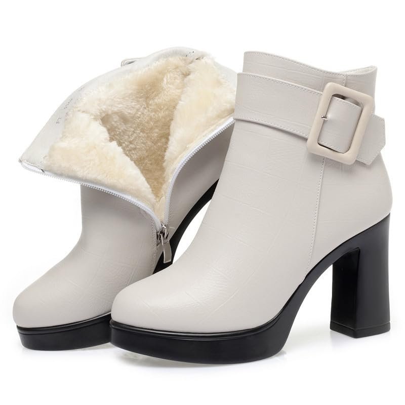 JXpxbao Women's Chunky-Heel Ankle Boots with Platform, Side Zipper, Beige-Warm, Size 39