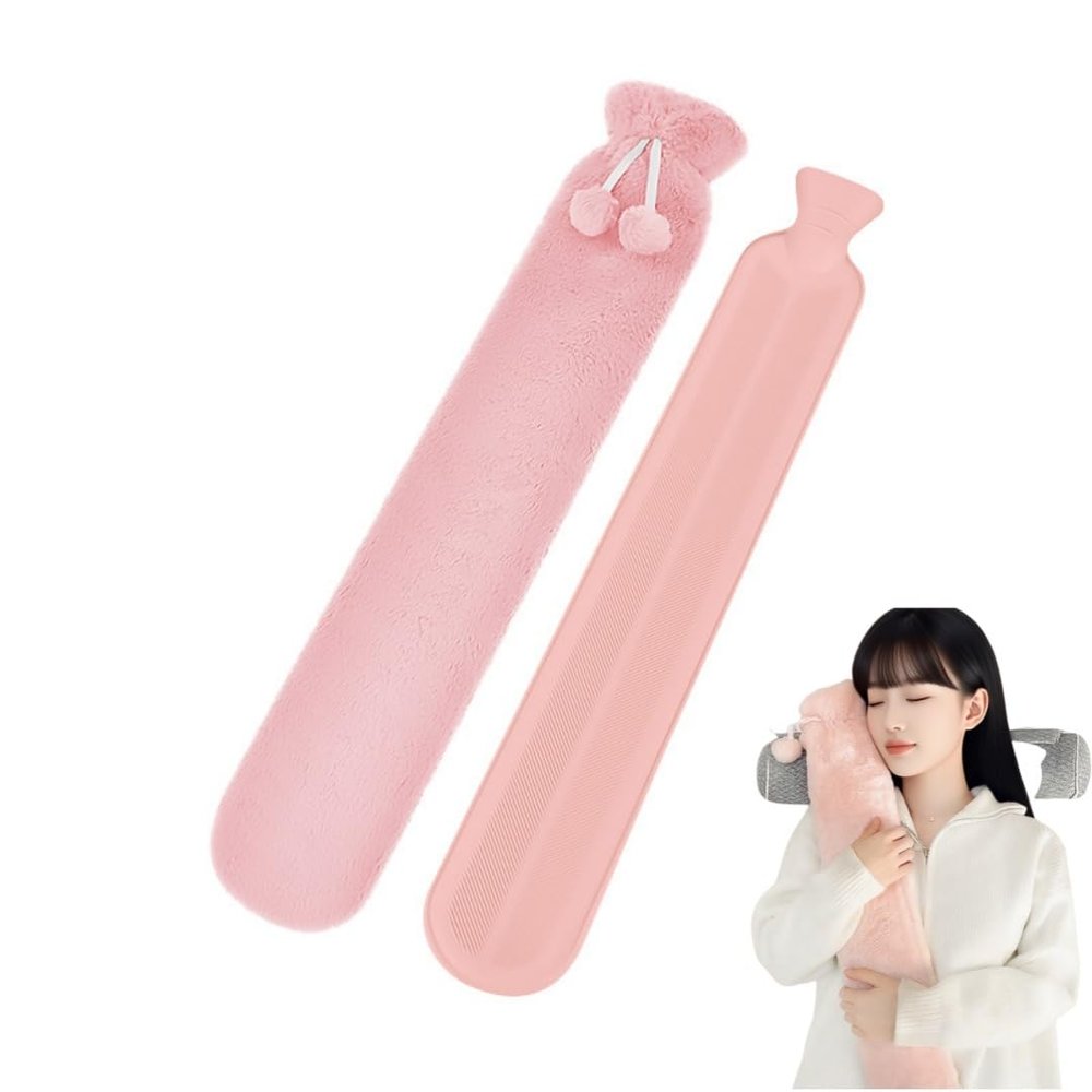 Long 2,500 mL Hot Water Bottle with Soft Fleece Cover, Leak-Proof for Back, Shoulder, Spine and Abdominal Pain, Winter Warmth (Pink)
