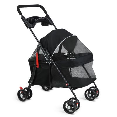 Foldable Pet Stroller for Dogs and Cats, 4-Wheel Jogger with Drink Holder, Black