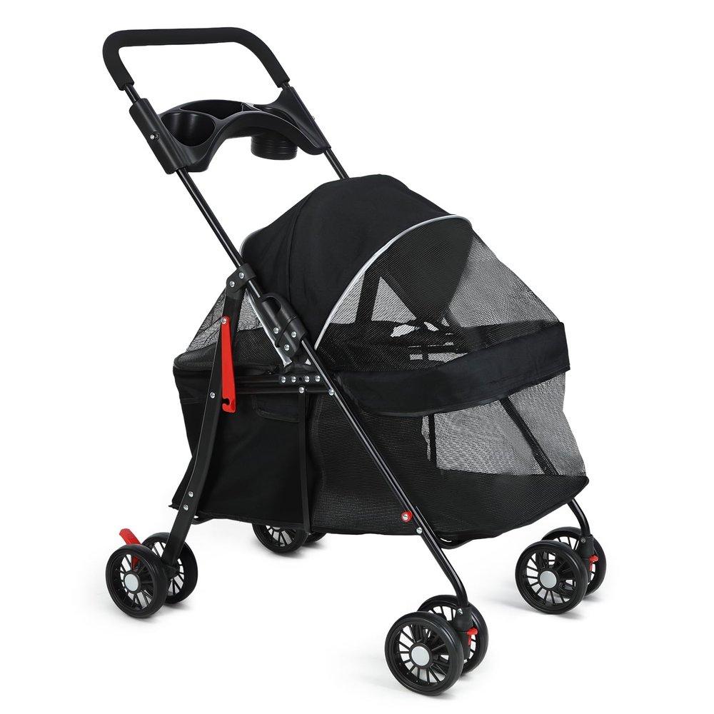 Foldable Pet Stroller for Dogs and Cats, 4-Wheel Jogger with Drink Holder, Black