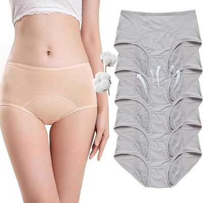 VZXATYOP Women's High-Waisted Pelvic Floor Support Underwear, Cotton-Like Leakproof Briefs, Light Incontinence Protection, Gray, 5-Pack, Large