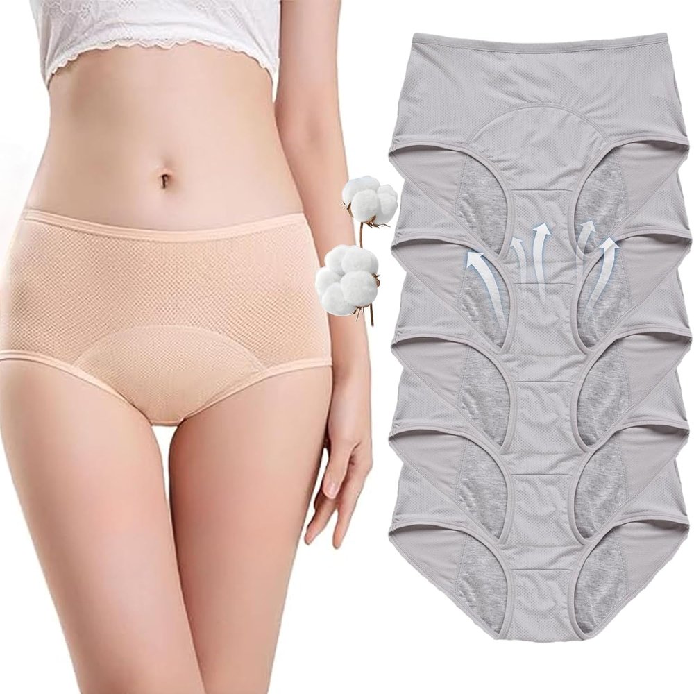 VZXATYOP Women's High-Waisted Pelvic Floor Support Underwear, Cotton-Like Leakproof Briefs, Light Incontinence Protection, Gray, 5-Pack, Large