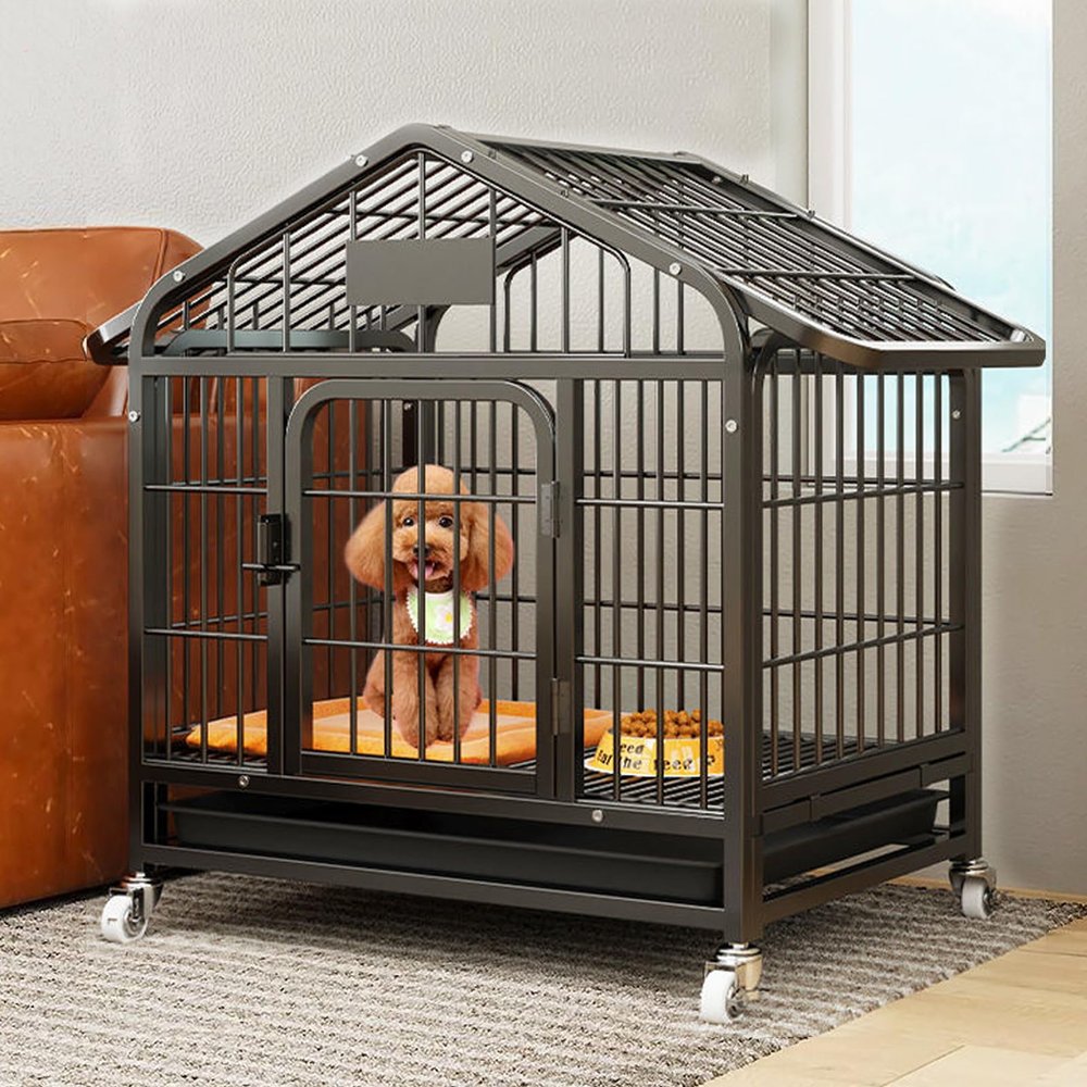 Sturdy Dog Crate on Wheels with Locks and Removable Tray for Medium and Large Dogs, Indoor and Outdoor Use
