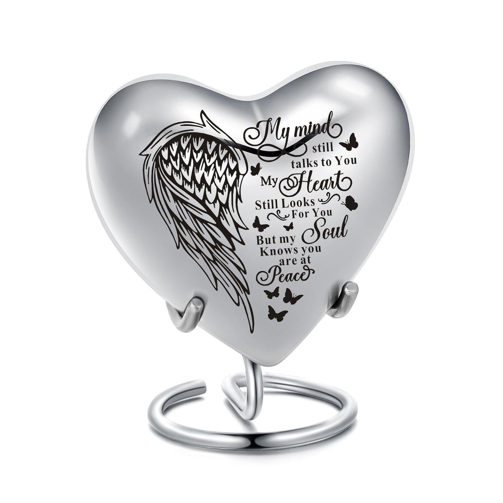 AIWENXI Pet Ash Memorial Urn, Mini Winged Heart Cremation Keepsake Urn, Stainless Steel