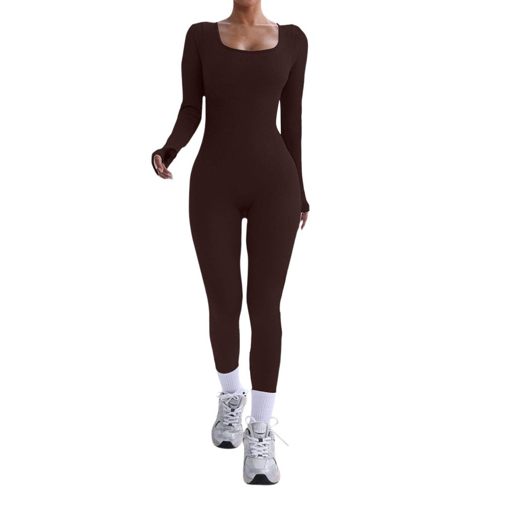 Caxndycing Women's Long-Sleeve Sport Yoga Jumpsuit with Front Zipper