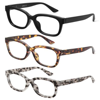 JM 3-Pack Oversized Square Reading Glasses, Blue-Light-Filtering Computer Readers for Women, Black/Gray/Tortoiseshell, +2.5