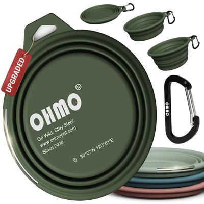 OHMO Foldable Dog Bowl with Stainless Steel Ring, 800ml Premium Silicone Bowl for Dogs & Cats
