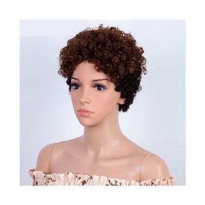 Short Pixie Cut Curly Bob 100% Human Hair Wig for Women, Brazilian Remy Hair, Full Machine-Made Afro Curly Wig, Adds Hair Volume (Ombre Brown)