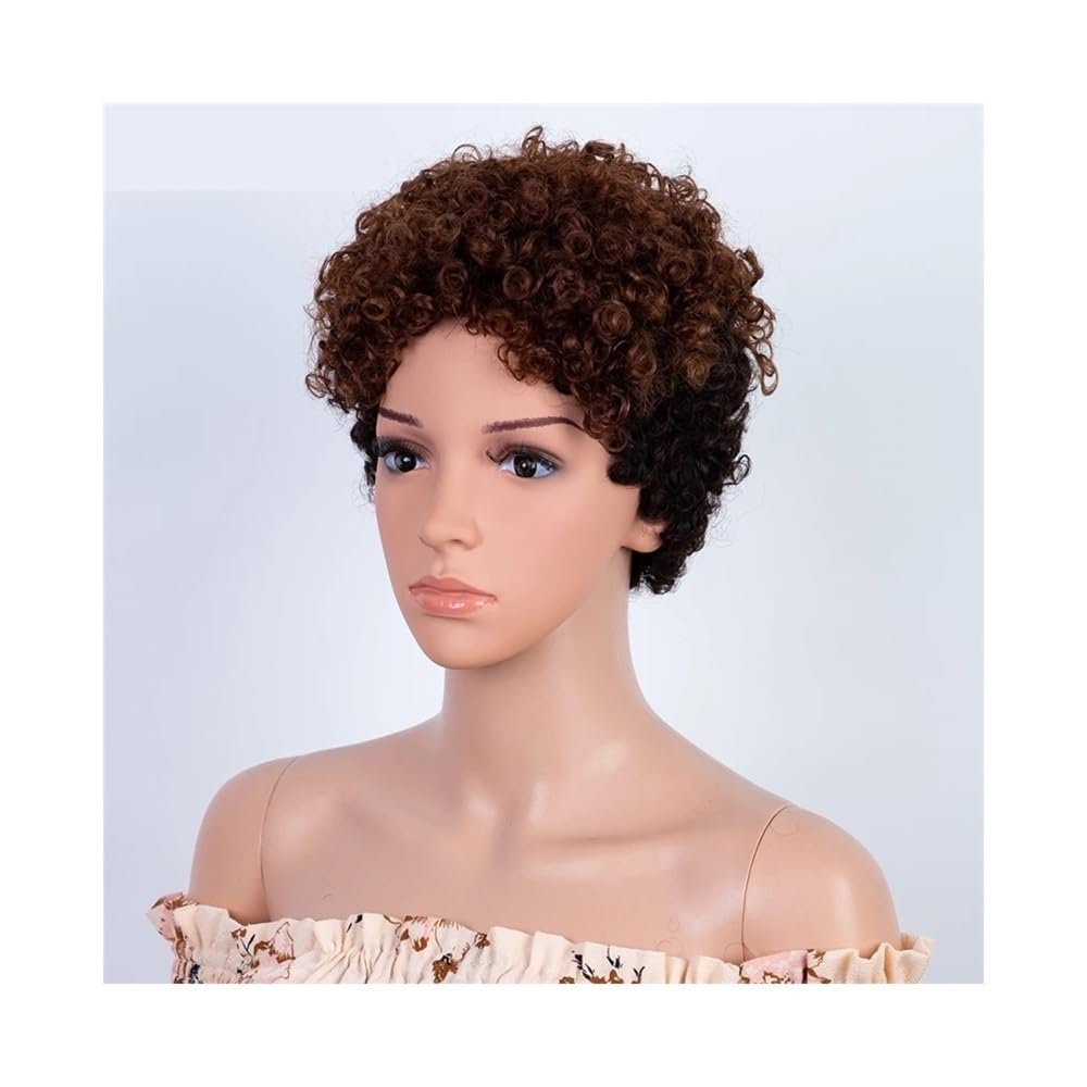 Short Pixie Cut Curly Bob 100% Human Hair Wig for Women, Brazilian Remy Hair, Full Machine-Made Afro Curly Wig, Adds Hair Volume (Ombre Brown)