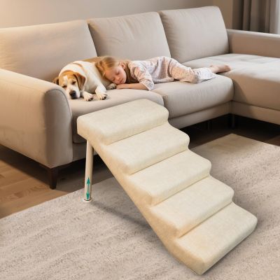 Non-Slip Adjustable Dog Stairs, Soft Pet Steps, Multi-Step Options for Dogs and Cats (Beige, L, 5)