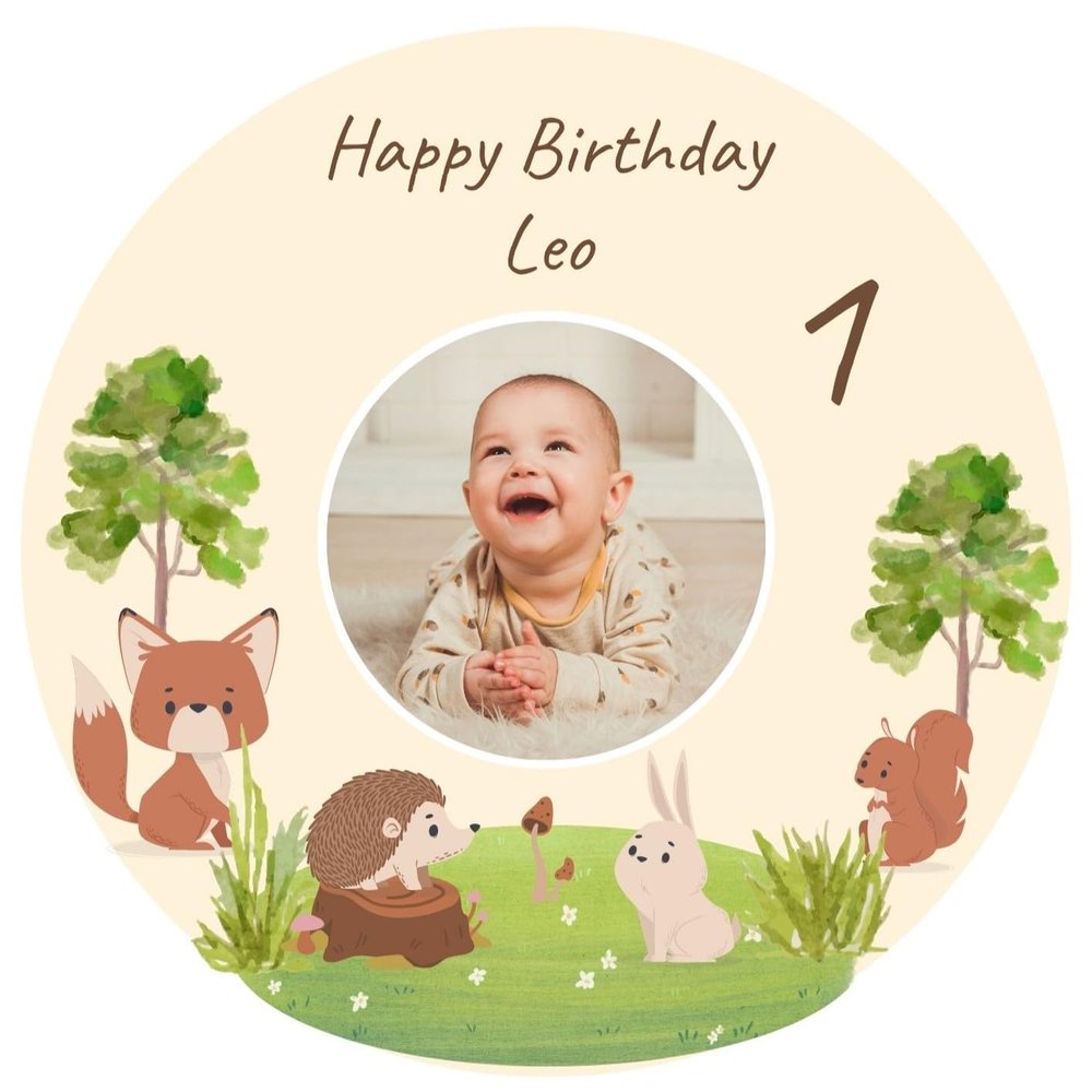 Edible Cake Topper with Custom Photo and Text – Birthday Forest Animals (18 cm, Fondant)