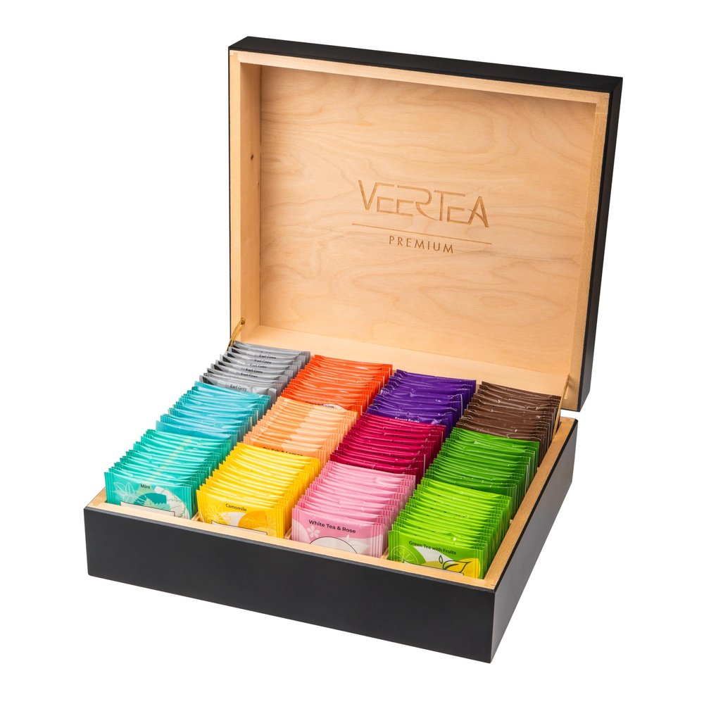 Veertea Tea Gift Set – Wooden Tea Box – 12 Flavors, 180 Tea Bags – 30 x 26 x 11 cm – Black