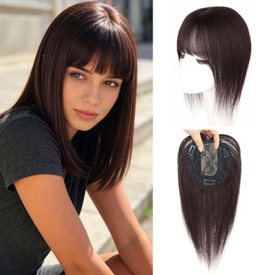 EREE HAIR Human Hair Topper with Silk Base and Bangs, 20 cm Clip-In, Dark Brown